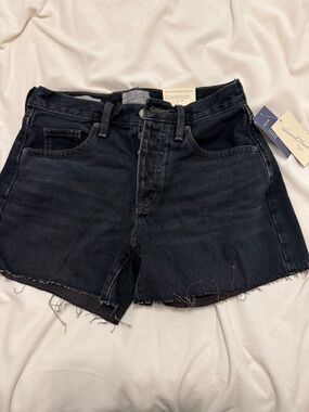 Black Denim Shorts with Frayed Waistband Detail